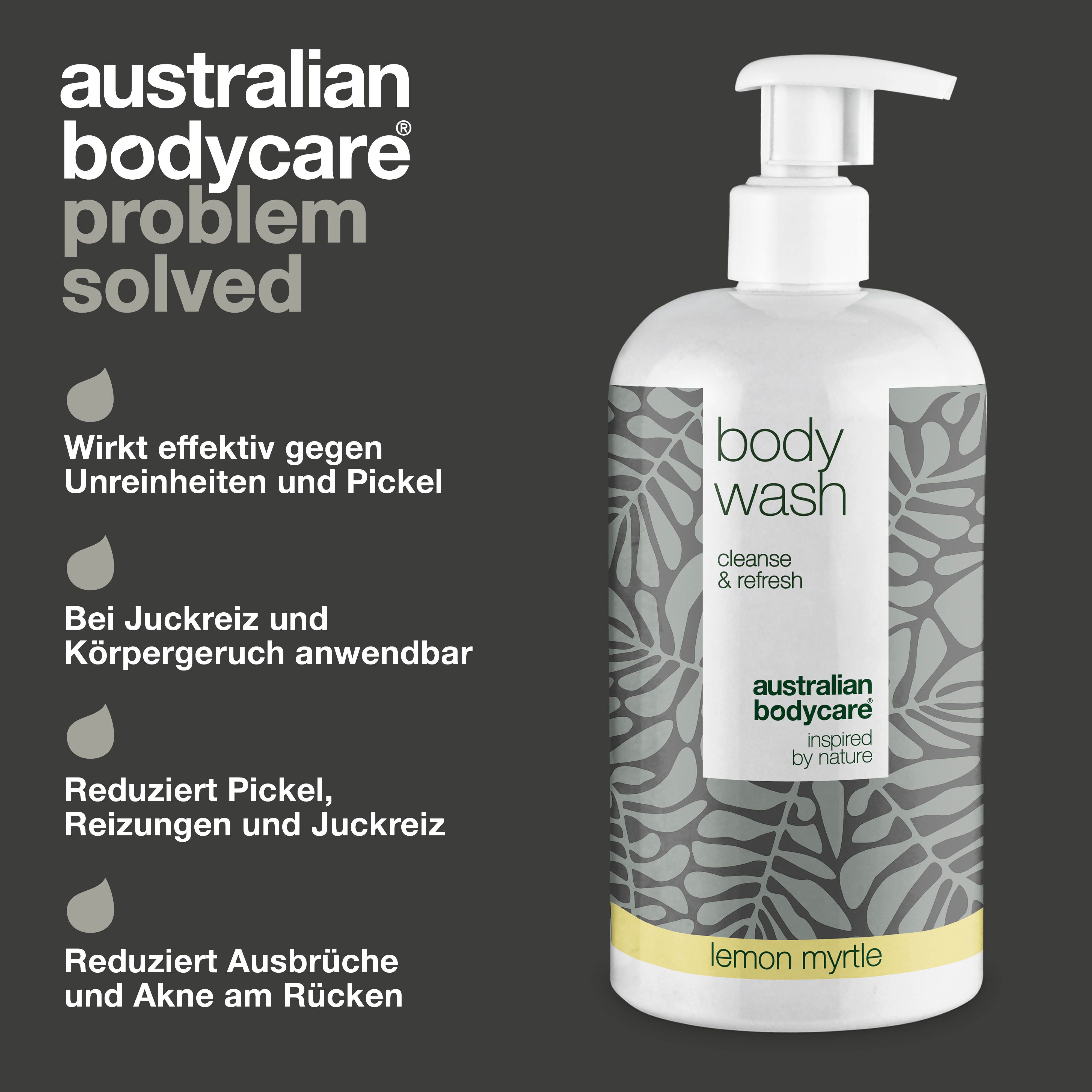 Body Wash Flasche mit Pumpe. Text: Wirkt effektiv gegen Unreinheiten, Juckreiz, reduziert Pickel, Akne am Rücken.