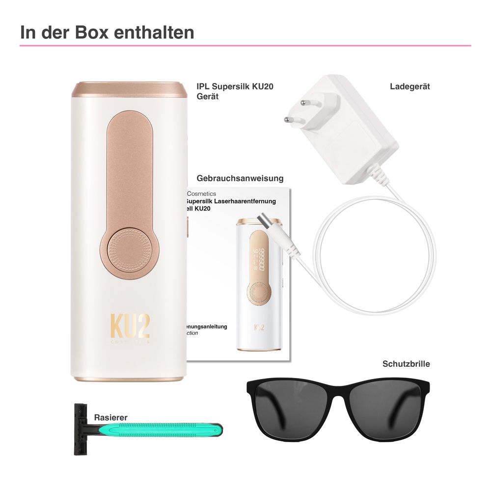 Inhalt der Box: IPL-Gerät, Netzteil, Bedienungsanleitung, Schutzbrille, Rasierer. Weißer Hintergrund.