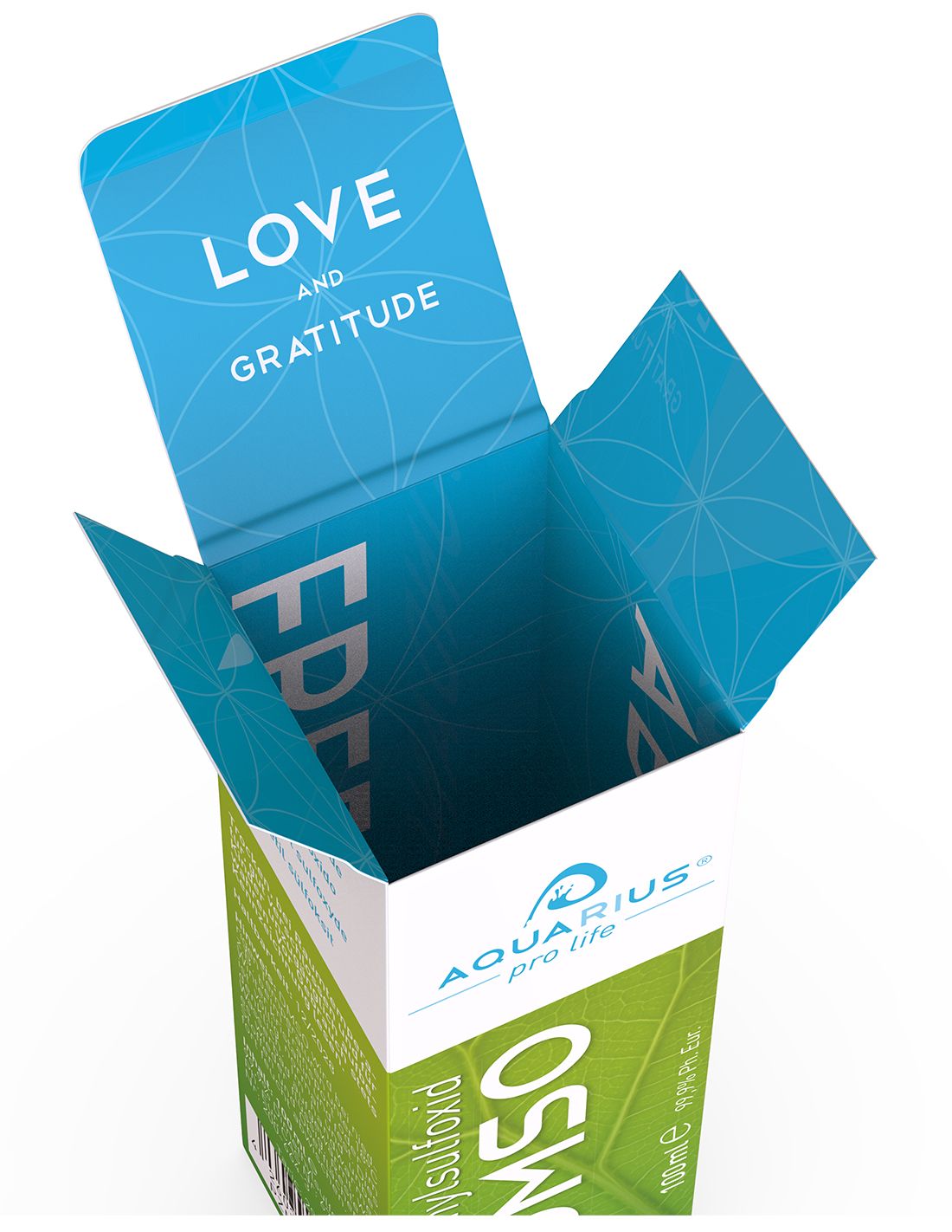 Confezione del prodotto aperta. Interno blu con scritta: LOVE AND GRATITUDE. Scritta: AQUARIUS pro life, DMSO, Dimetilsolfossido.