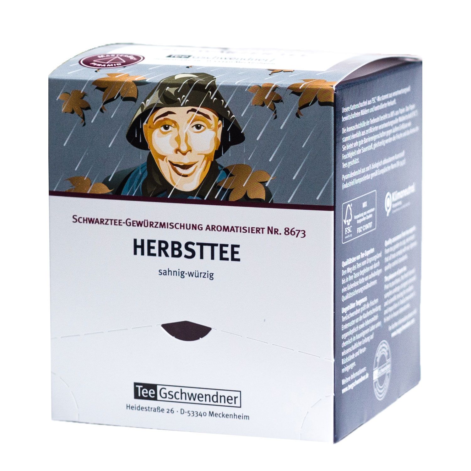 Karton mit Herbsttee. Aufdruck: Mann im Regen, Blätter. Text: HERBSTTEE, Tee Gschwendner.