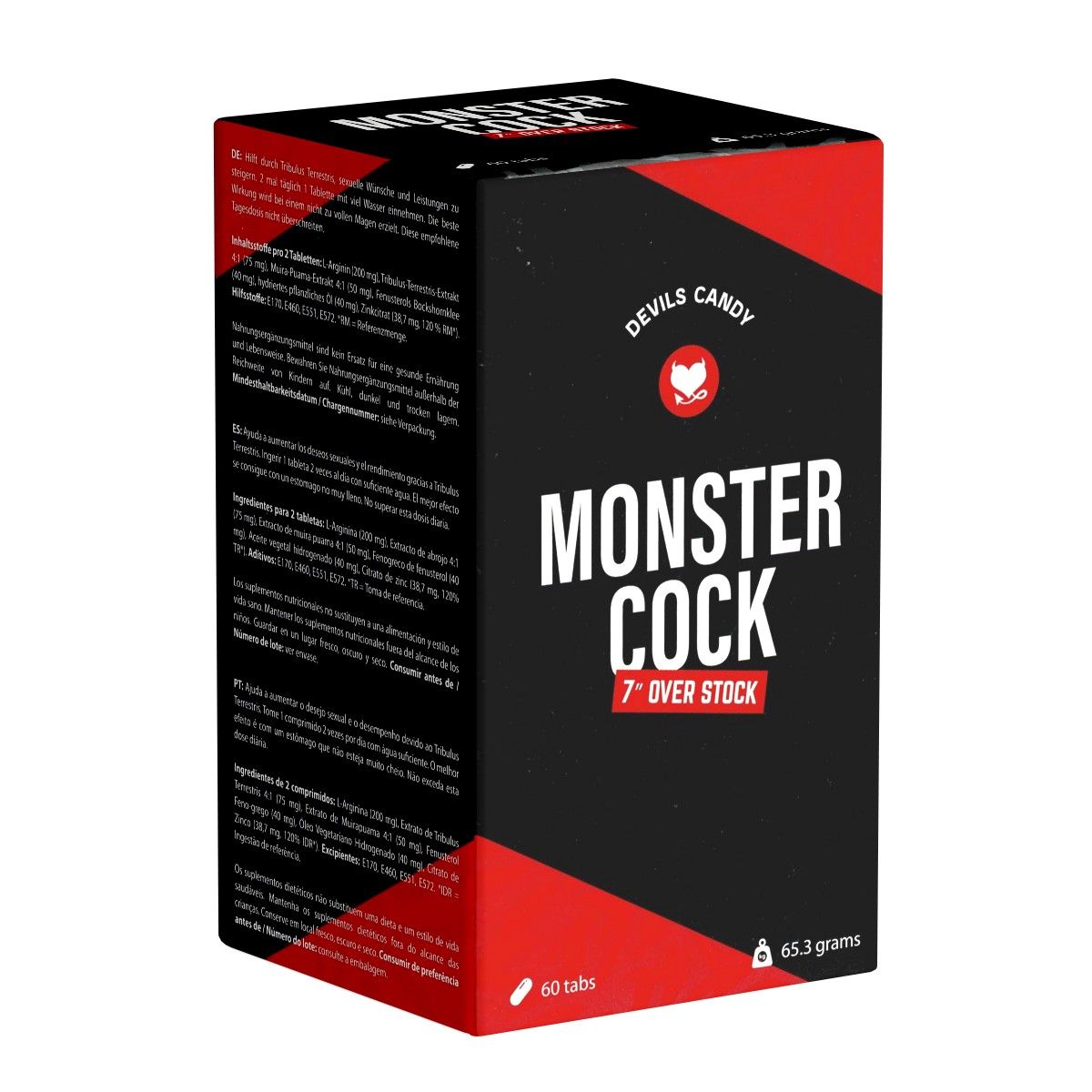 Schwarze und rote Schachtel mit "DEVIL'S CANDY" und "MONSTER COCK" Schriftzug. Enthält 60 Tabletten und wiegt 65,3 Gramm.