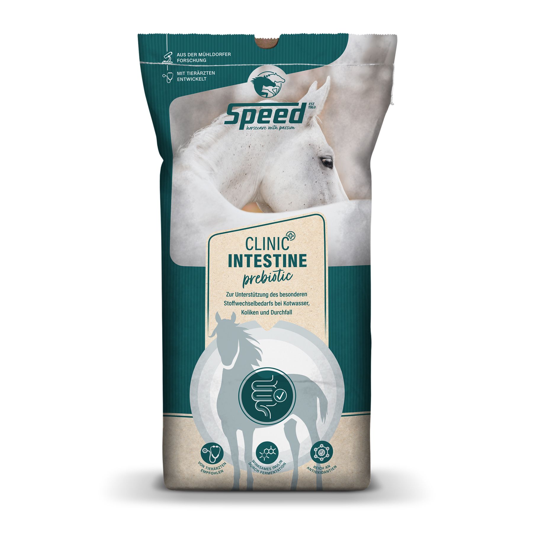 Verpackung von SPEED Clinic Intestine prebiotic Müsli. Grün-weiße Tasche mit Pferdemotiv und Produktinformationen.