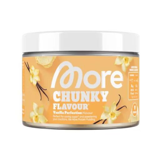 Behälter mit weißem Deckel. Aufschrift "More Chunky Flavour" und "Vanilla Perfection Flavour". Abgebildet sind Vanilleblüten und -schoten.