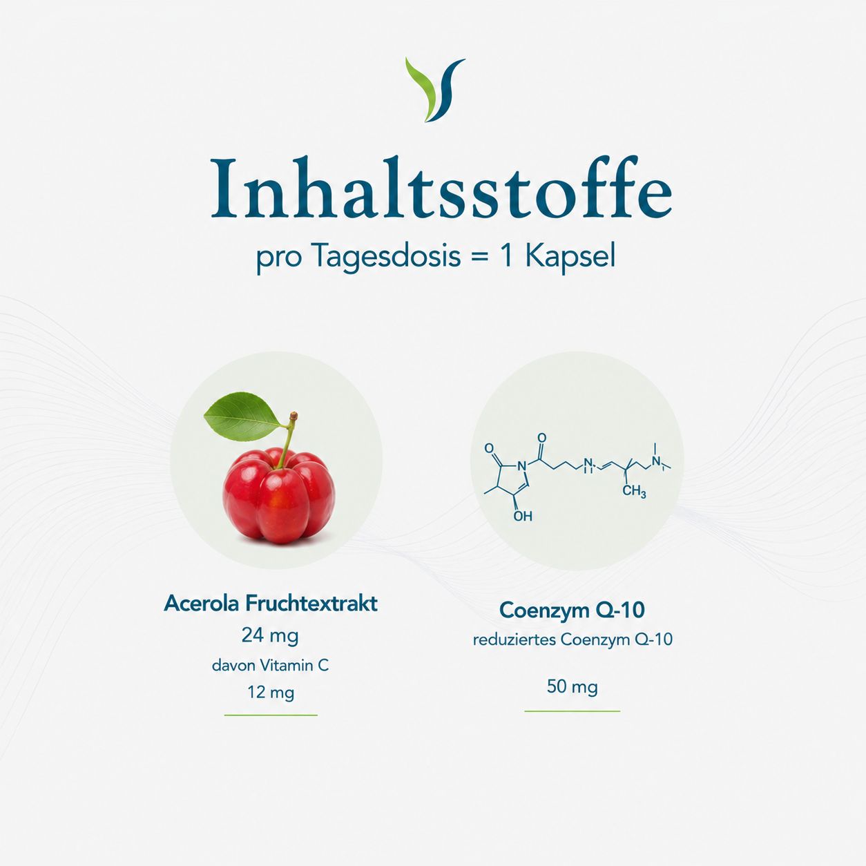 Inhaltsstoffe pro Kapsel: Acerola Fruchtextrakt (24mg, davon 12mg Vitamin C) und Coenzym Q-10 (50mg).