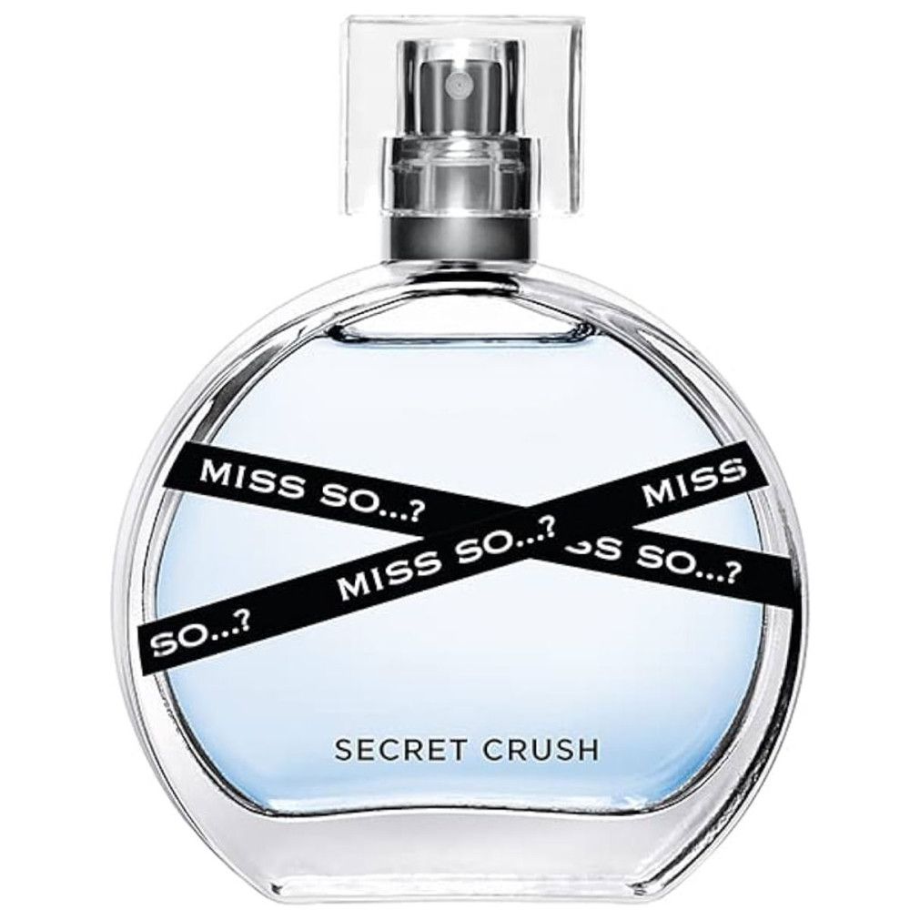 Runder Flakon mit Zerstäuber. Aufschrift "Secret Crush". Schwarzes Band mit "Miss So...?" Schriftzug.