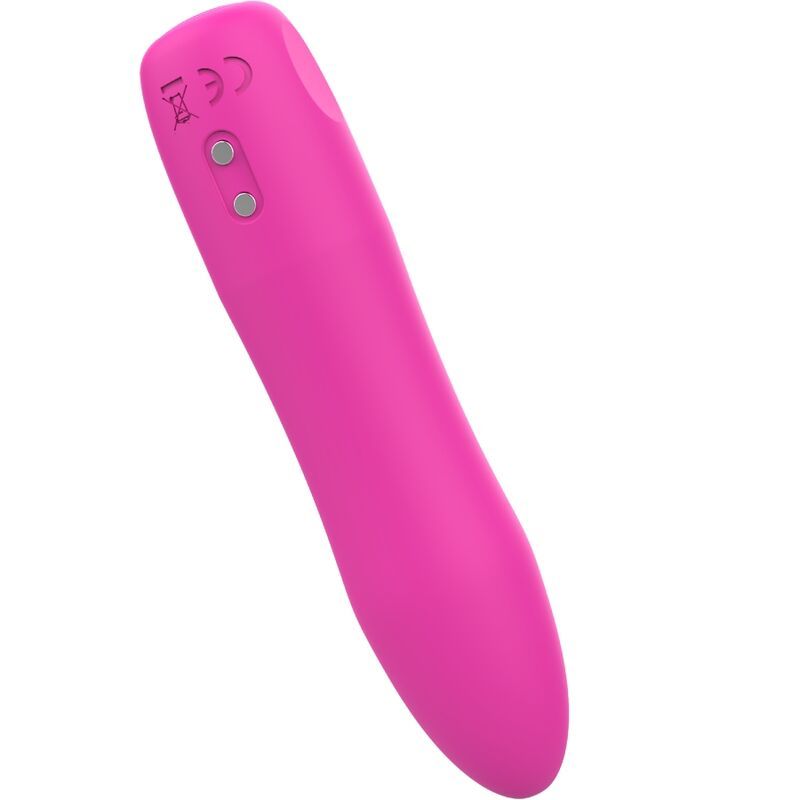 Pinkfarbener Vibrator mit abgerundeter Spitze. Auf der Unterseite befinden sich zwei Knöpfe und ein CE-Zeichen.