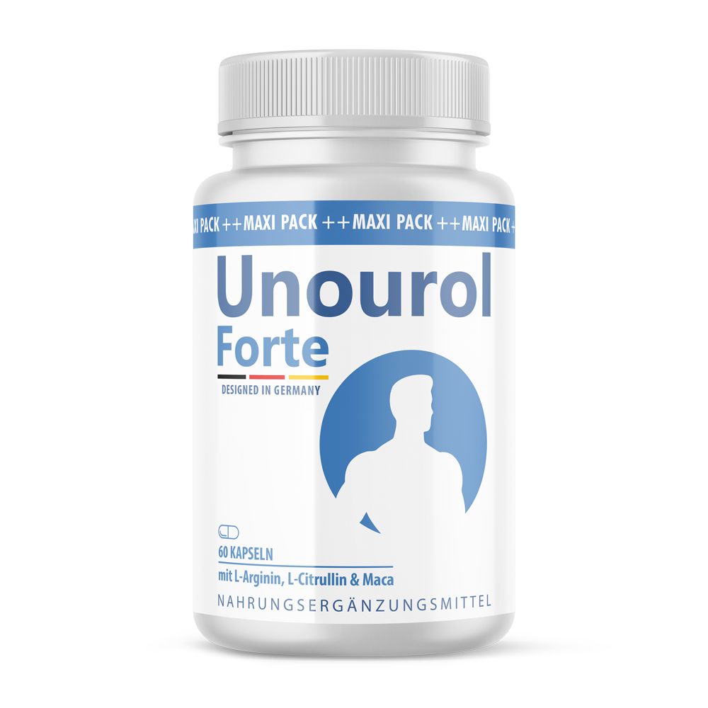 Weiße Kapsel-Dose mit blauem Etikett. Aufschrift: Unourol Forte, 60 Kapseln. Mit L-Arginin, L-Citrullin & Maca. Hergestellt in Deutschland.