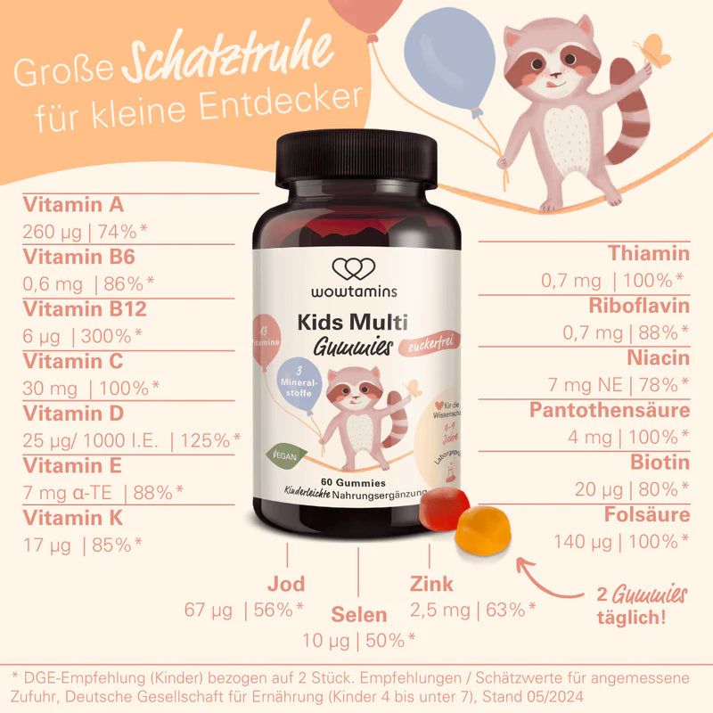 Flasche WOWTAMINS Kids Multi Gummies mit Nährwertangaben. Text: 60 Gummies, 2 Gummies täglich.