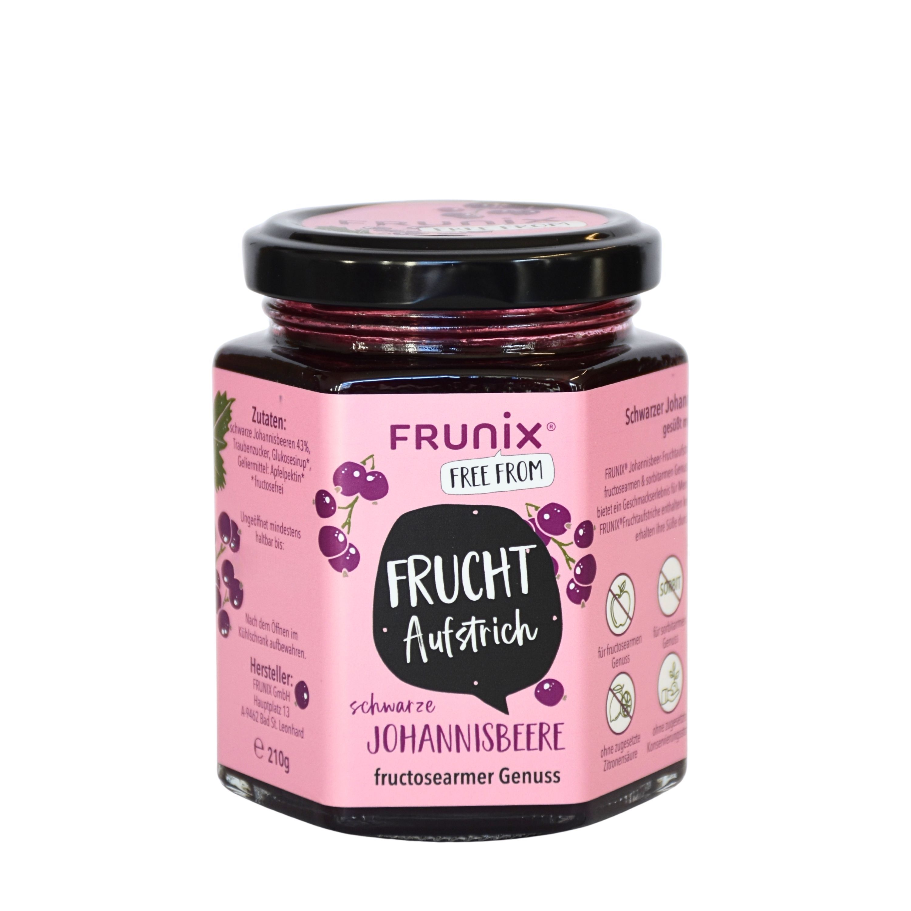 Glas mit schwarzem Johannisbeer-Fruchtaufstrich. Rosa Etikett mit Produktname, Marke und Illustrationen. Schwarzer Deckel.