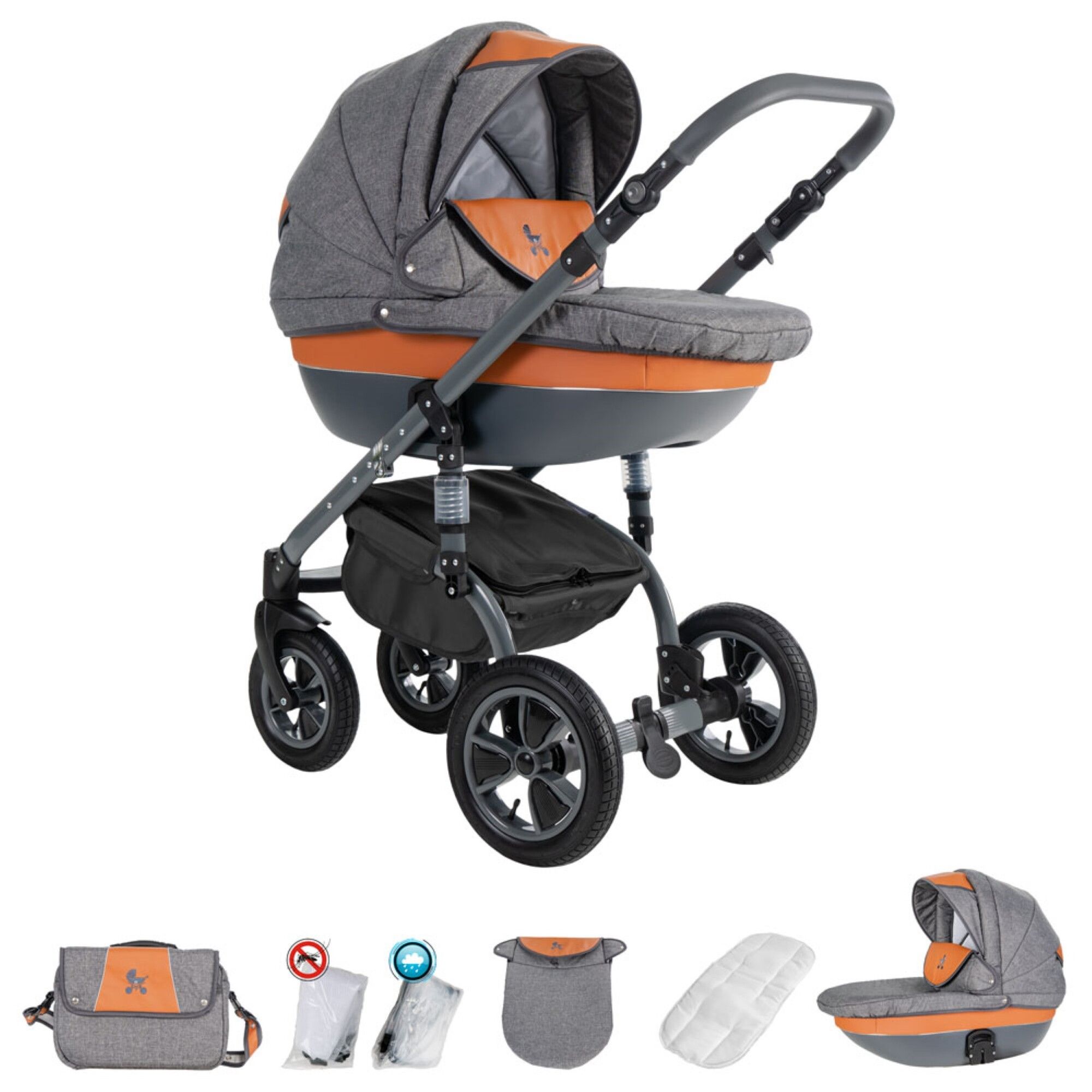 Friedrich Hugo Greyline 3 in 1 Kinderwagen Set Luftreifen, Orange