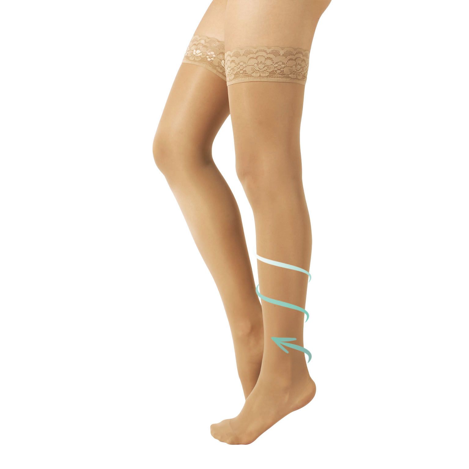 Hautfarbene halterlose Strümpfe mit Spitze am Oberschenkel. Pfeile zeigen die Kompression an. 