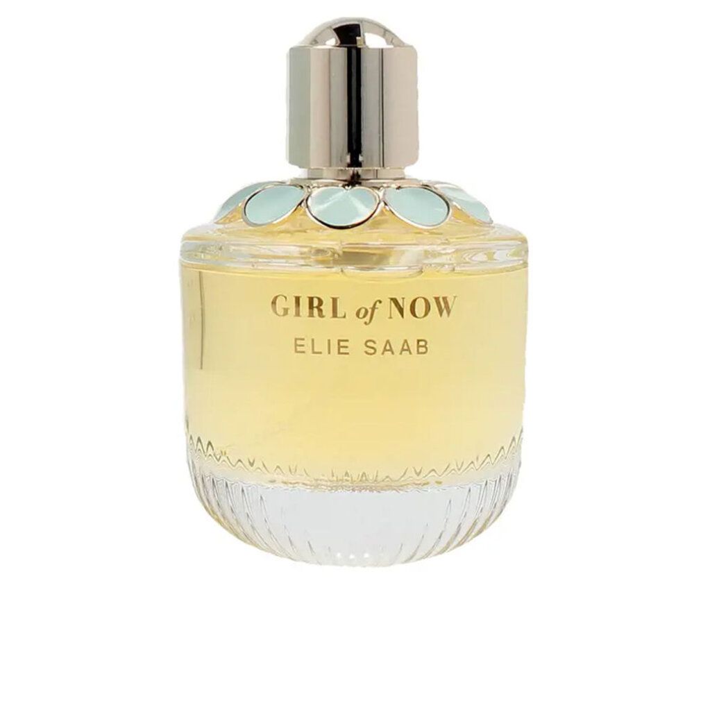 Elie Saab Girl of Now EdP Nat. Spray. Glasflakon mit goldfarbenem Verschluss und hellblauen Blüten. Aufschrift Girl of Now.