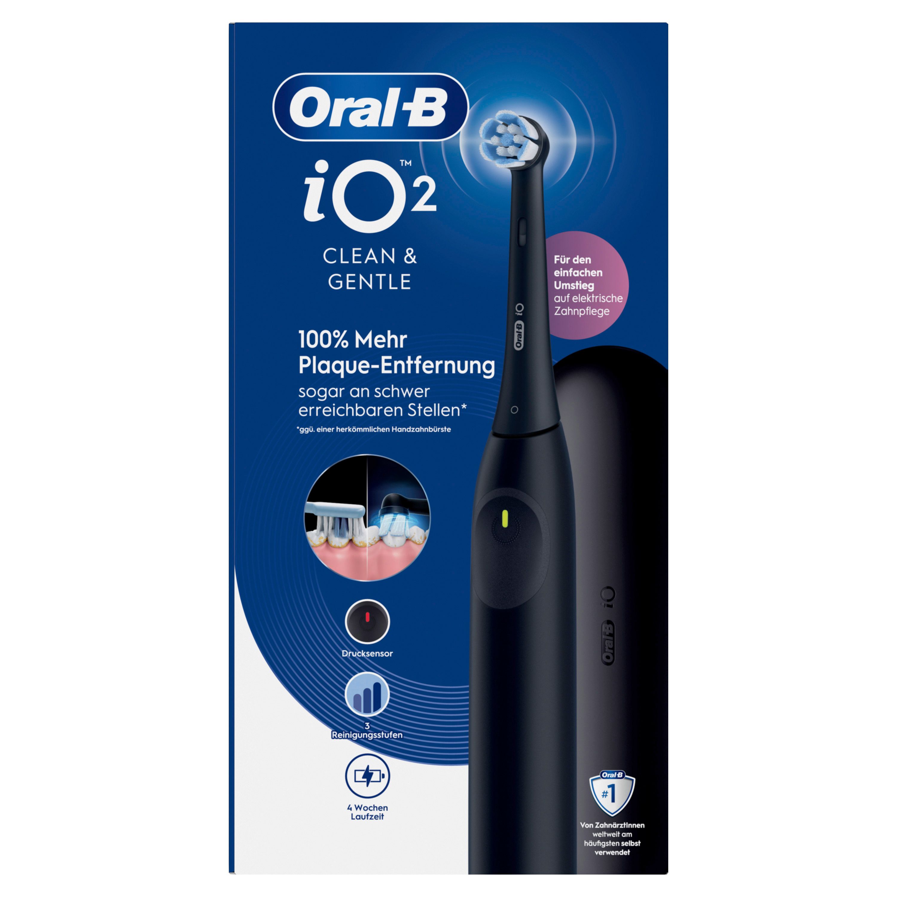 Verpackung der Oral-B iO Series 2 Zahnbürste 'Clean & Gentle' mit Siegel 'Nr. 1' für Plaque-Entfernung.