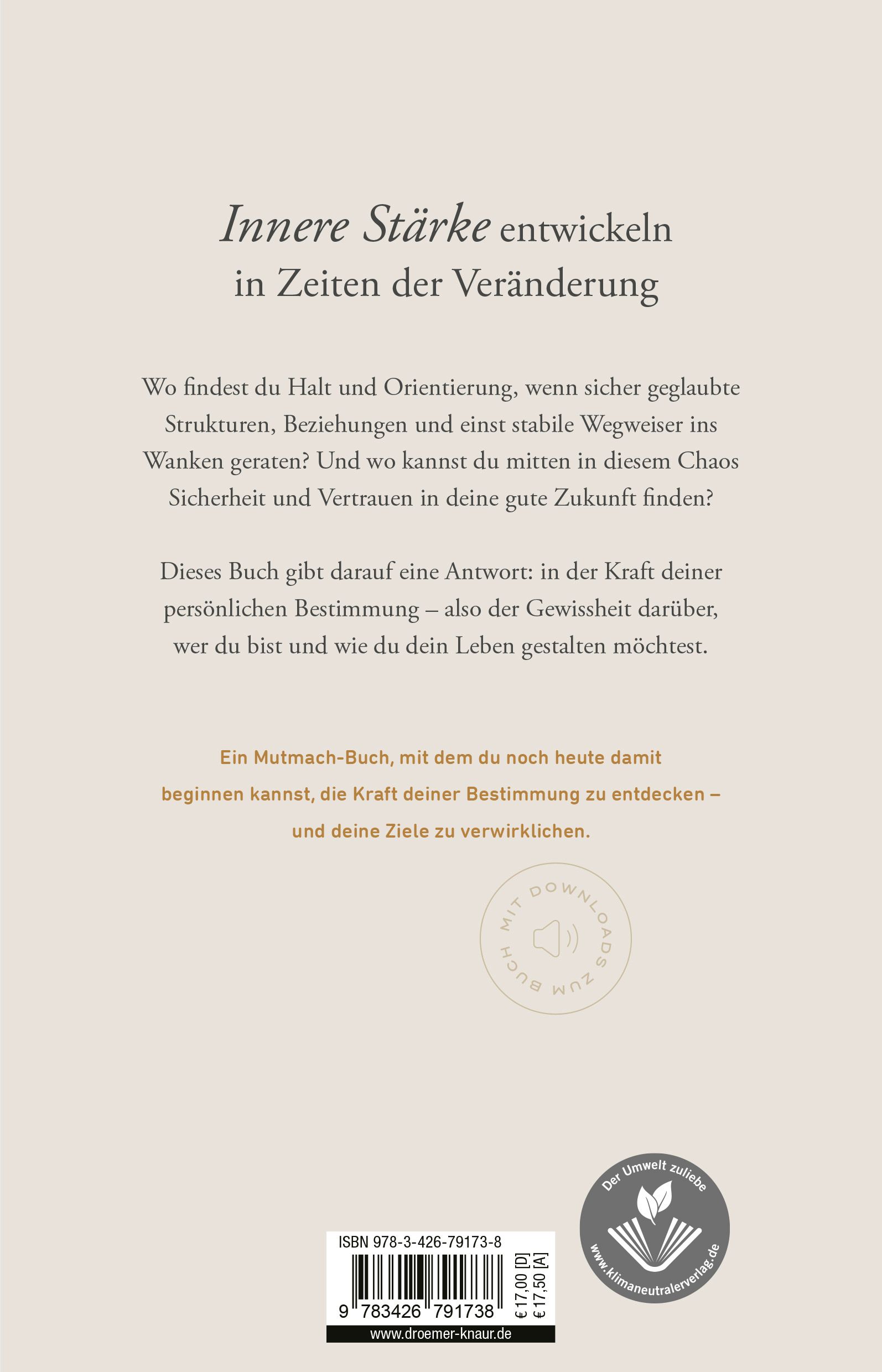 Buchrückseite mit Text. Titel: Innere Stärke entwickeln in Zeiten der Veränderung. Verlag: Droemer Knaur. ISBN-Code und Preis.