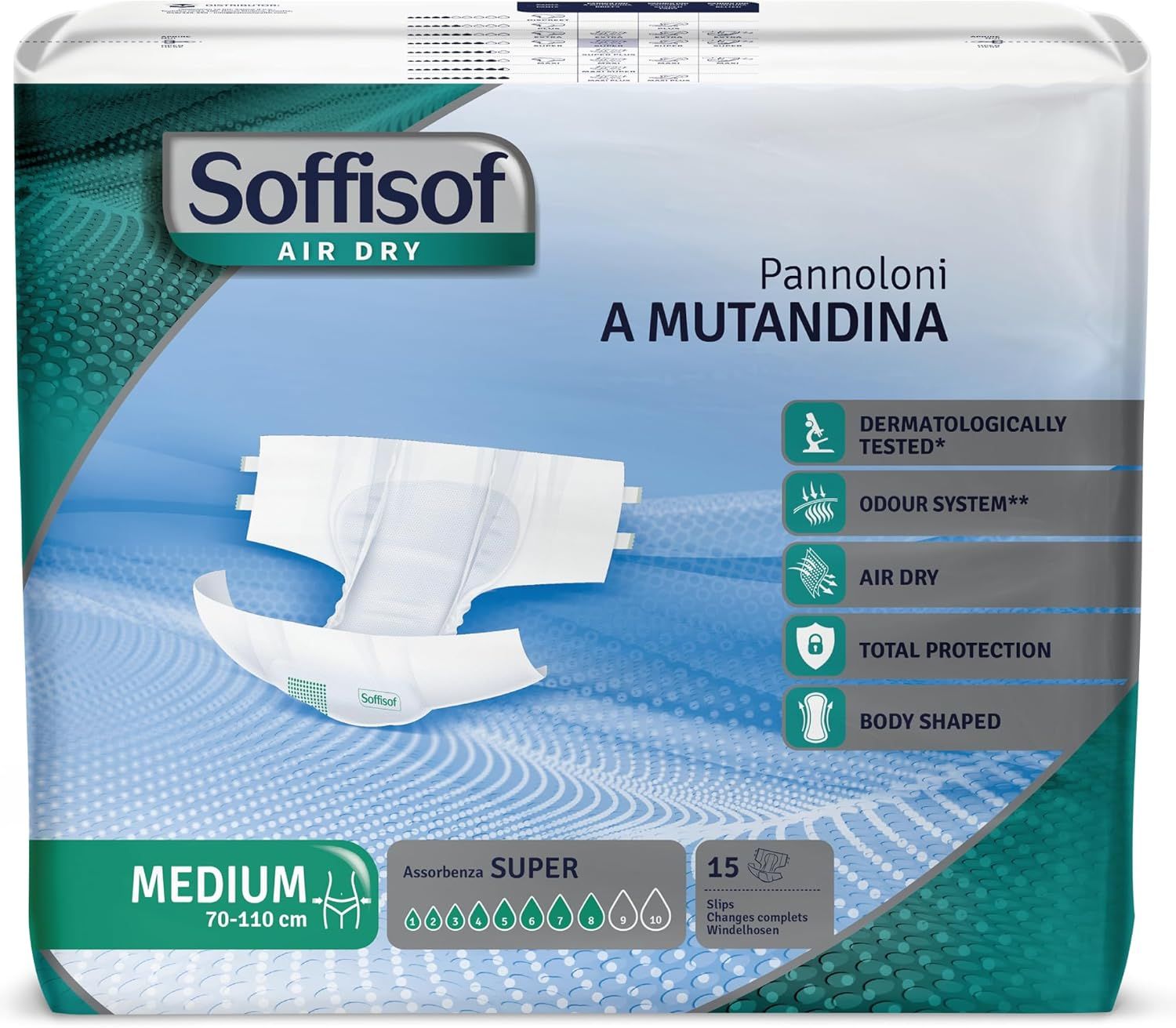 Verpackung mit Soffisof Air Dry Windeln für Erwachsene Super. Medium-Größe, 15 Stück. Dermatologisch getestet.