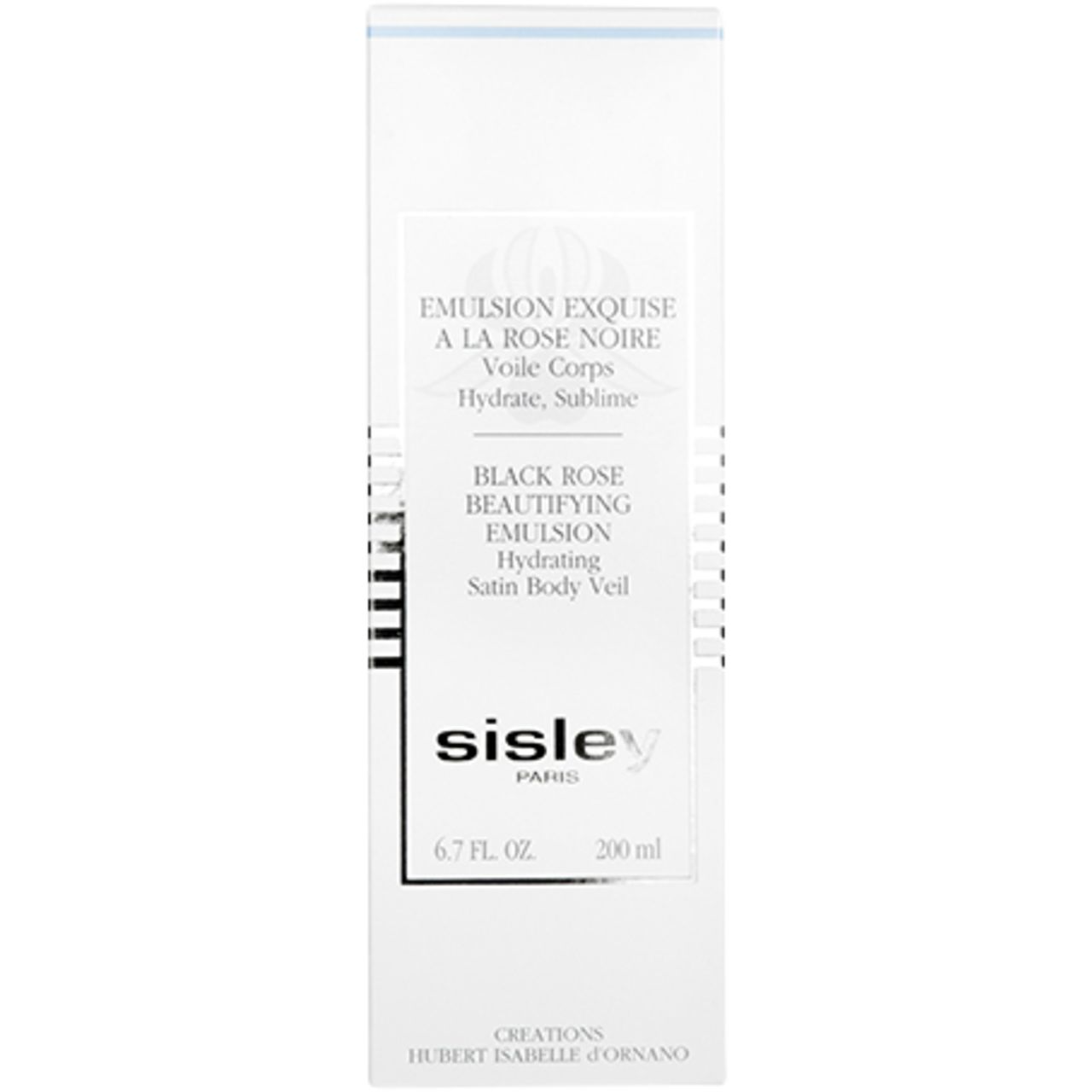 Weiße Verpackung mit Sisley-Logo und Produktbezeichnung. Text: Émulsion Exquise à la Rose Noire, 200 ml. Aufschrift 6.7 fl. oz.
