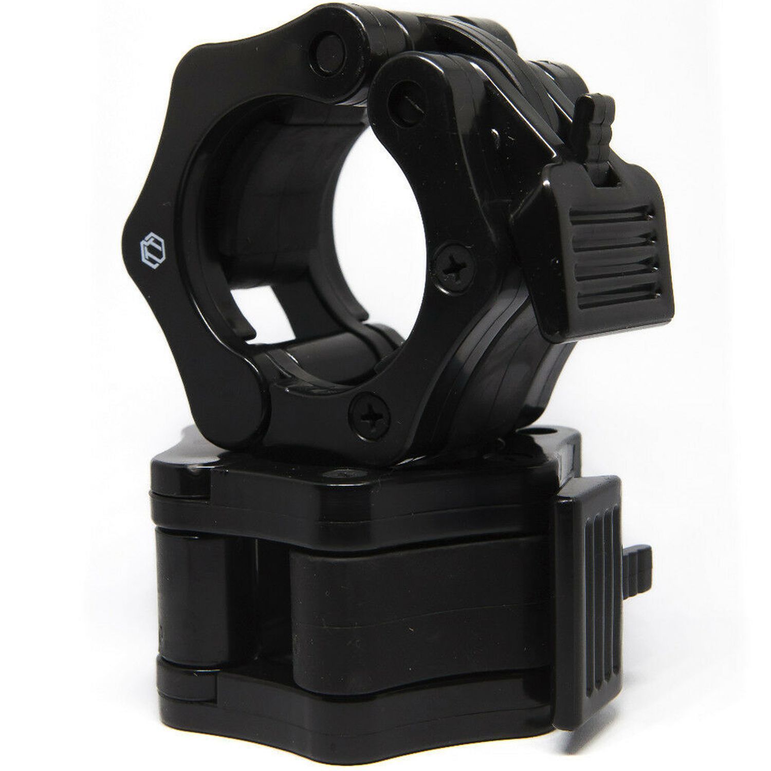 Schwarzer Schnellverschluss für Hantelstangen. Geöffneter Hebelverschluss. Mit Schrauben und Logo.