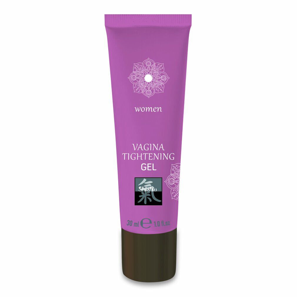 Violette Tube mit Produktbezeichnung und Logo. Text: Vagina Tightening Gel. Marke: Shiatsu. Volumen: 30 ml.