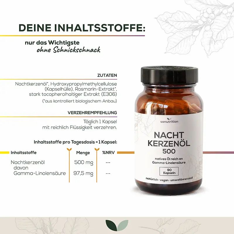 Sanutrition Nachtkerzenöl: Zutatenliste, Nährwertangaben, Flasche mit 90 Kapseln.