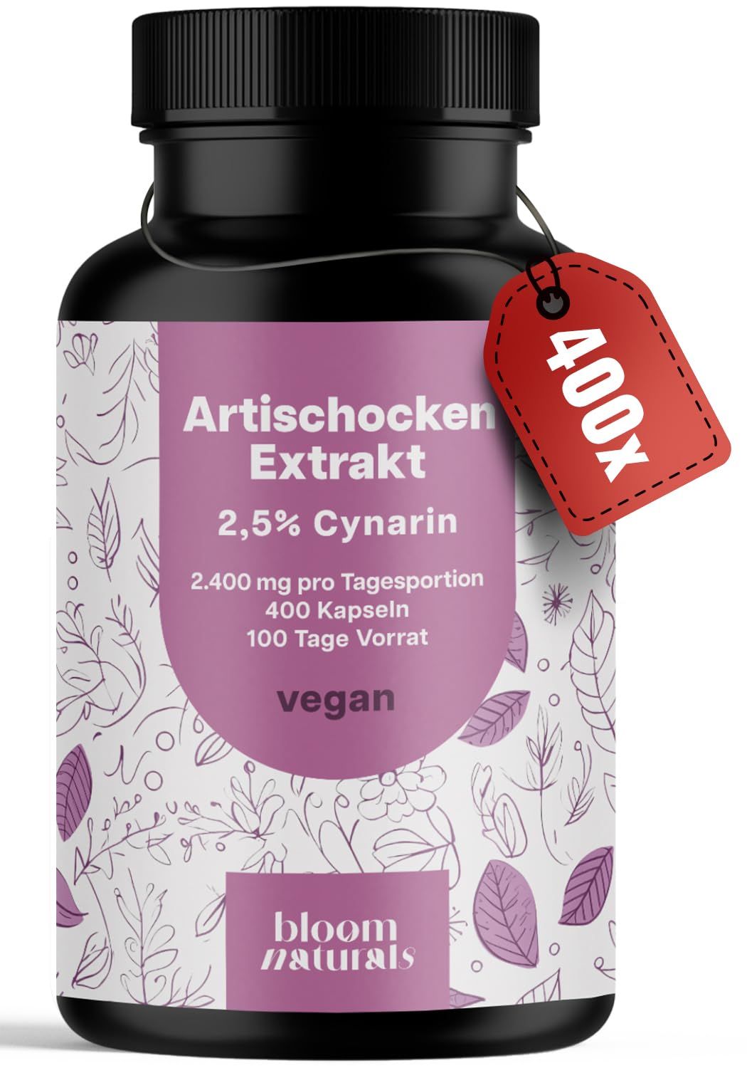 Dunkle Kapsel mit Artischockenextrakt-Etikett und rotem 400x Anhänger.