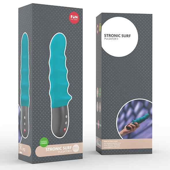 Produktverpackung mit Vibrator-Abbildung. Text: FUN FACTORY, STRONIC SURF PULSATOR II. Abbildung einer Hand, die das Produkt hält.
