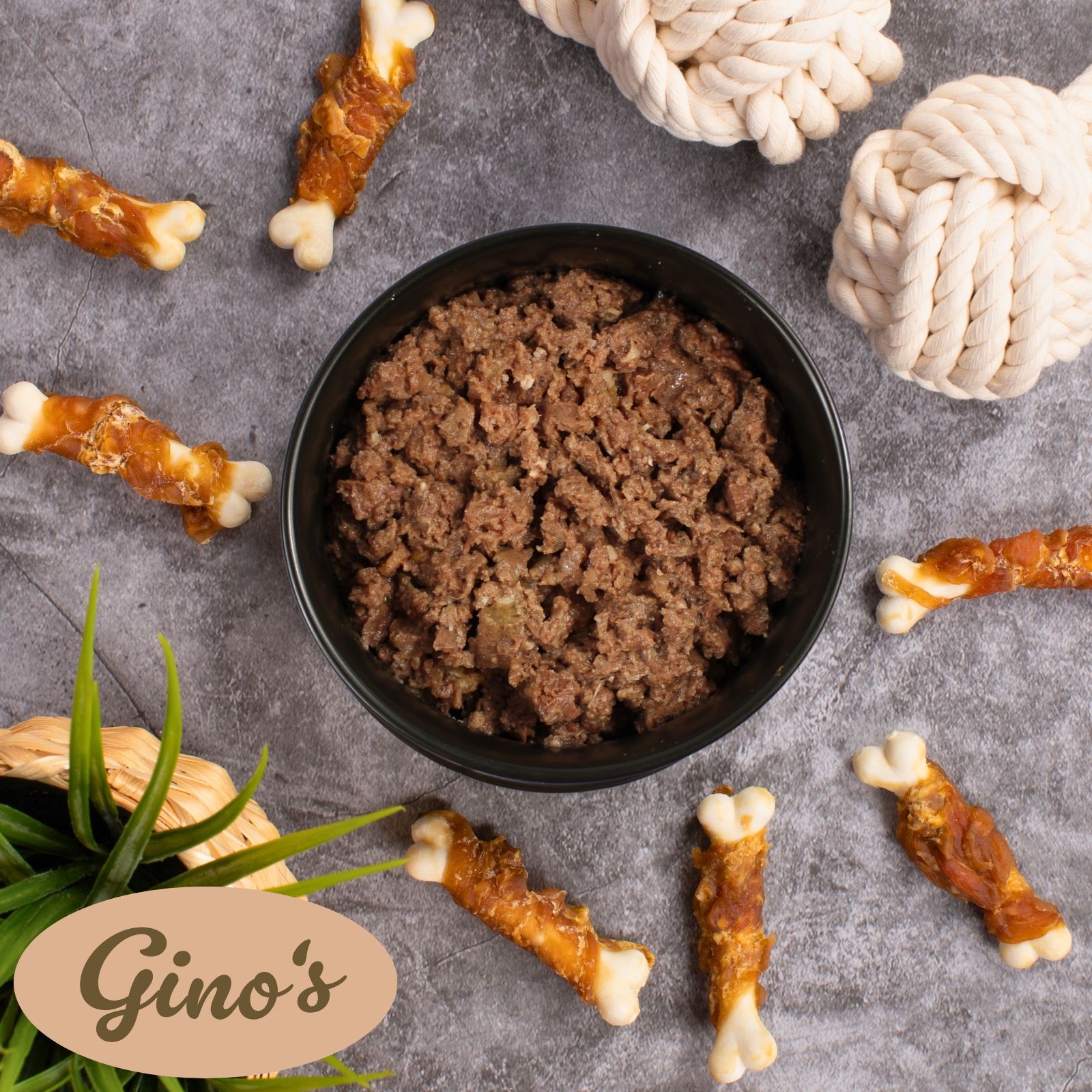 Hundefutter in Schale, umgeben von Kausnacks und Spielzeug. Logo: Gino's.