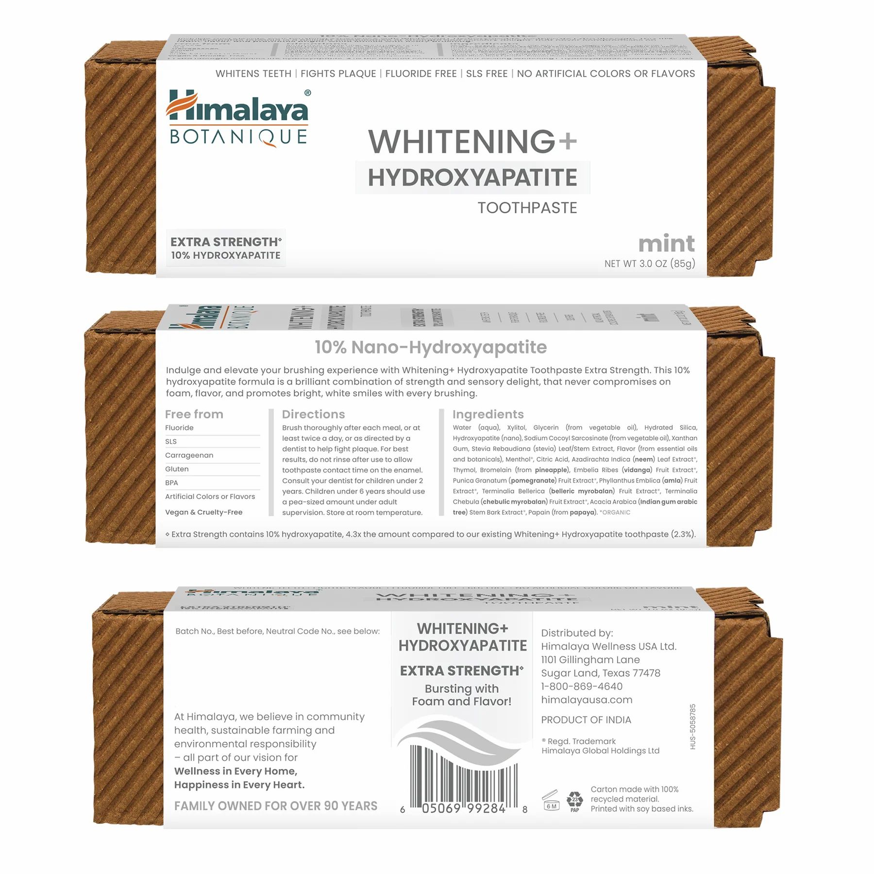 Drei Ansichten der Kartonverpackung für Zahnpasta. Text: Himalaya Botanique Whitening + Hydroxylapatit.