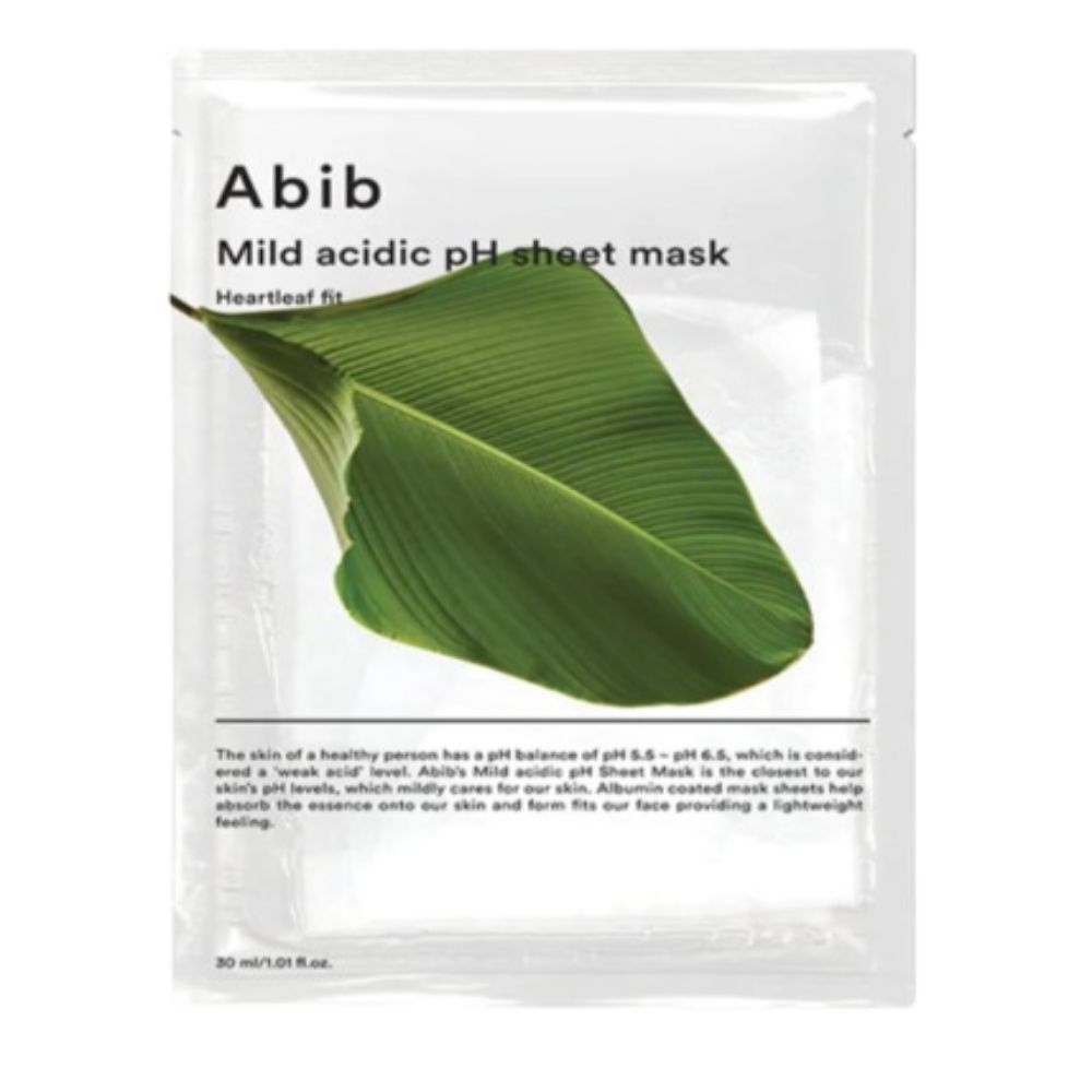 Abib Mild Acidic pH Sheet Mask Heartleaf Fit Tuchmaskenverpackung, Vorderansicht.