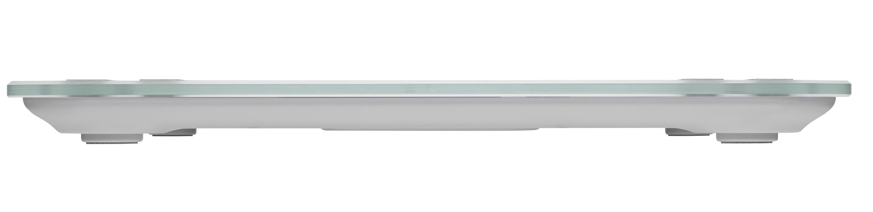 Körperanalysewaage, Seitenansicht. Flaches, weißes Design mit Glasoberfläche. Keine weiteren Details sichtbar.