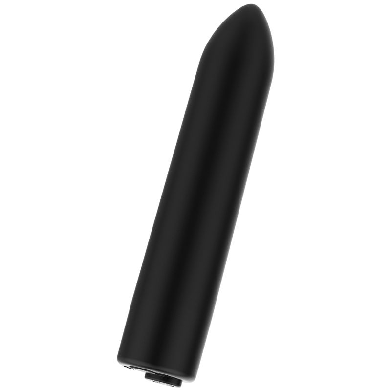 Schwarzer, zylindrischer Vibrator mit spitz zulaufendem Ende. Glatte Oberfläche.