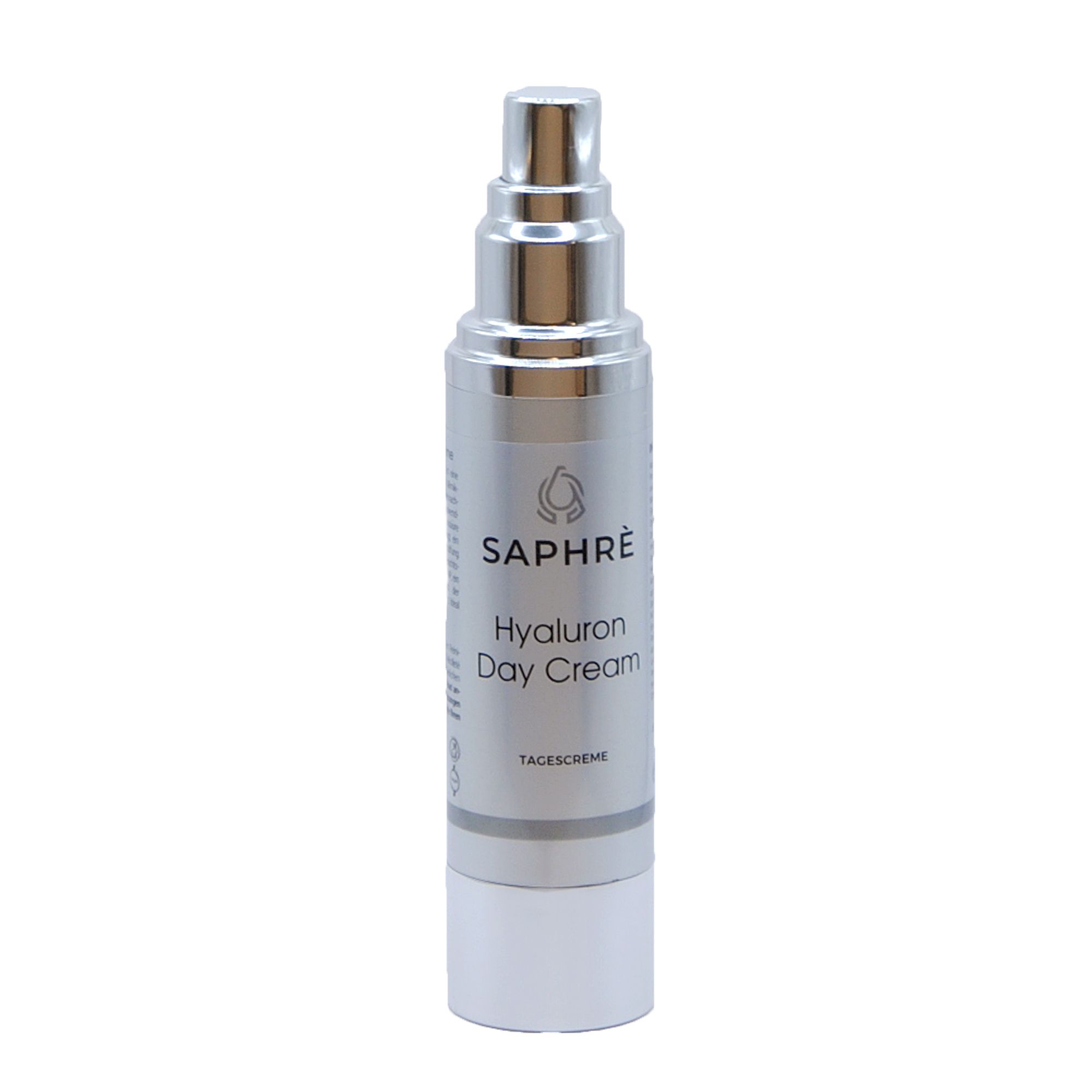 Saphre Hyaluron Day Cream. Flasche mit silbernem Sprühkopf. Beschriftung mit Produktname und Logo.