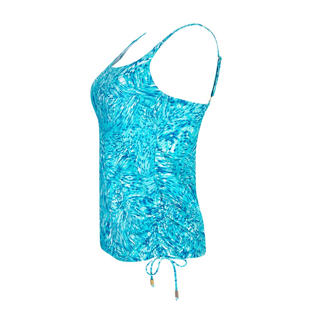 Seitenansicht eines türkisfarbenen Tankini-Oberteils mit verstellbaren Trägern und Kordelzug an der Seite.