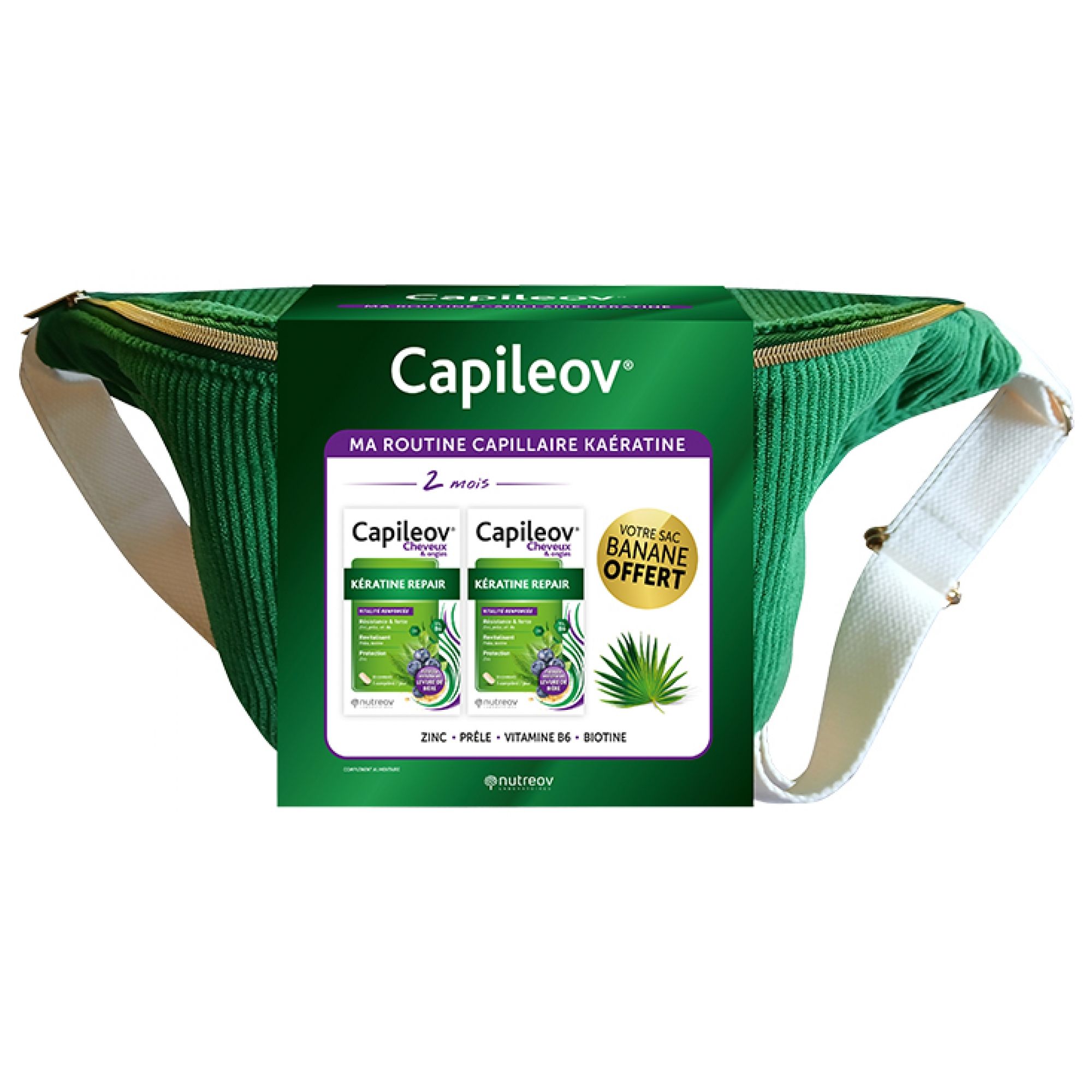 Nutreov Capileov Haar & Nägel Keratin Repair 2 x 30 Kapseln + 1 Banane Gratis 32x14x10 cm