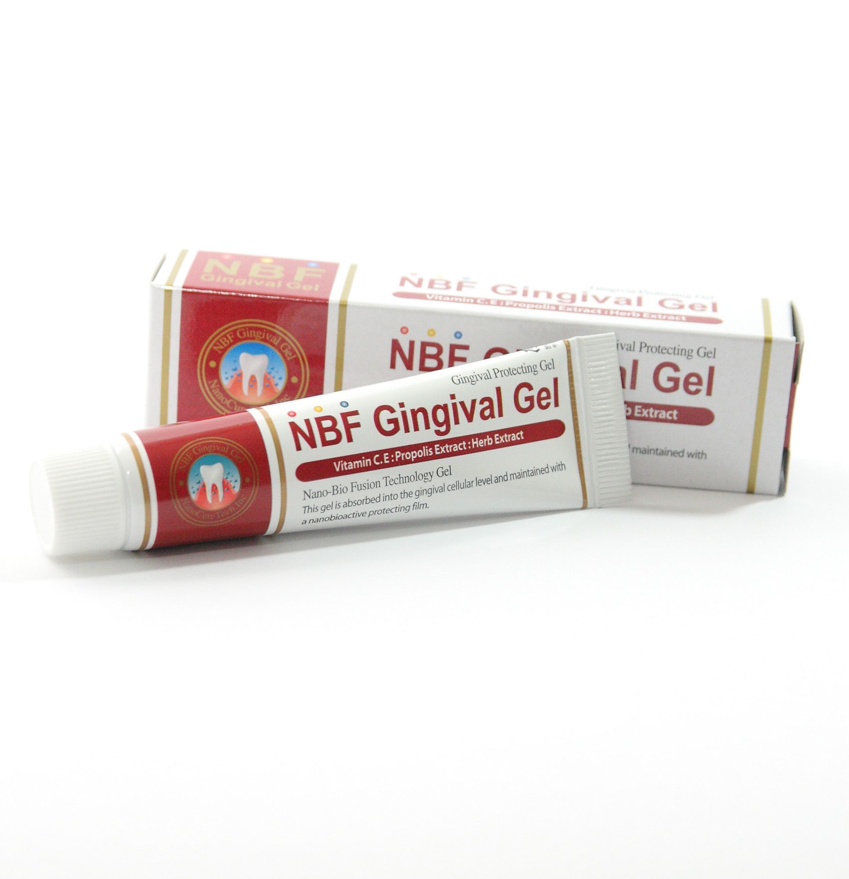 Zahnfleischgel-Tube und -Schachtel. Aufschrift: NBF Gingival Gel. Rote und weiße Verpackung mit Produktinformationen.