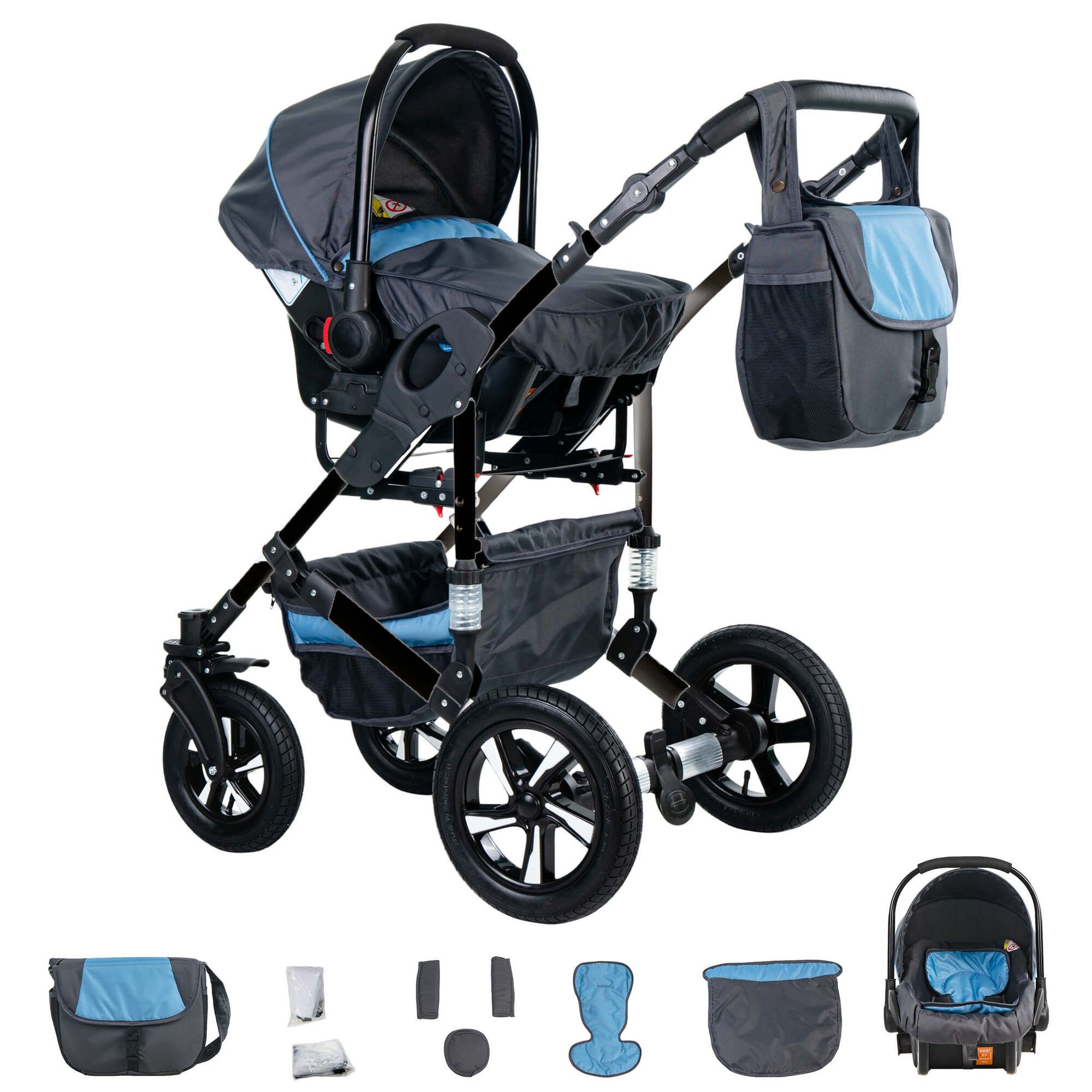 Friedrich Hugo Münster 3 in 1 Kinderwagen Set Luftreifen, Grey & Babyblue