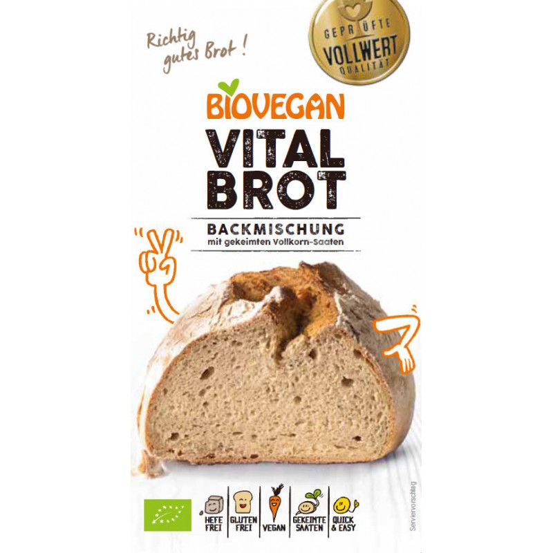 Biovegan Vital Brot Backmischung. Brotlaib mit Schnittfläche. Aufschrift: BIOVEGAN, VITAL BROT, BACKMISCHUNG. Siegel: Geprüfte Vollwert Qualität. Symbole: Hefe frei, Gluten frei, Vegan, Gekeimte Saaten, Quick & Easy.
