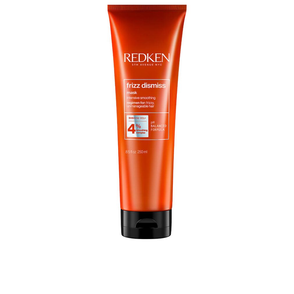 Orangefarbene Tube mit schwarzem Deckel. Aufschrift: Redken Frizz Dismiss Mask. Enthält 4% Smoothing Complex. pH-ausgeglichene Formel.