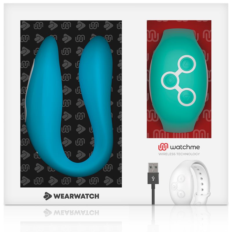 Wearwatch-Vibrator, grünes Armband und weißes Armband. USB-Kabel. Wearwatch- und watchme-Logos.