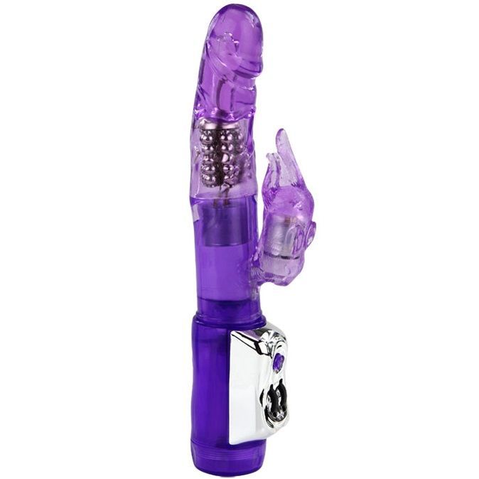 Lila Vibrator mit Hasenohren-Design. Silberfarbene Akzente. Vertikale Ansicht.