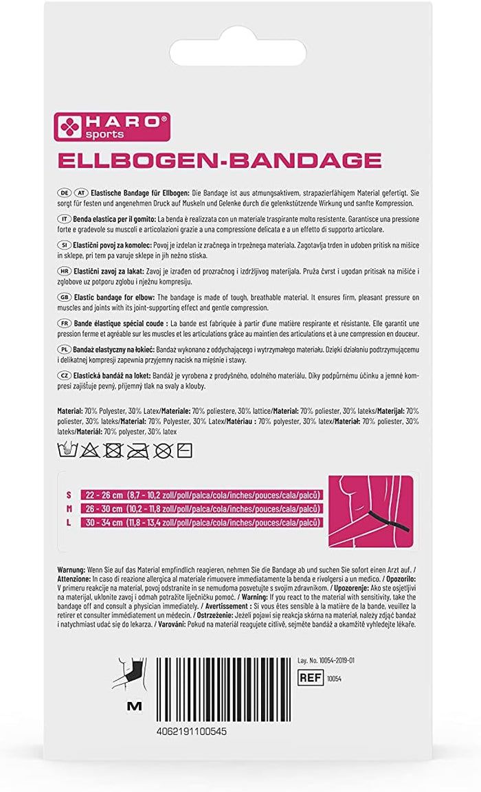 Achterkant van de Haro Ellbogenbandage verpakking. Tekst in meerdere talen. Maatindicaties S, M, L. Materiaalsamenstelling. Illustratie van de arm.