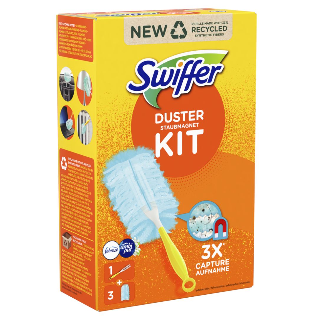 Swiffer Trap & Lock Staubmagnet Kit Febreze Duft (1 Handgriff + 3 Nachfülltücher)