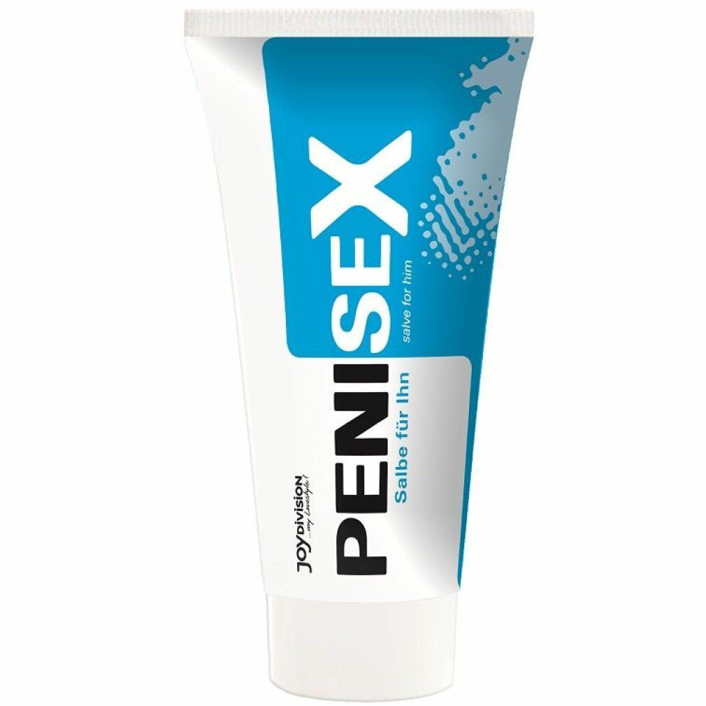 Penisex Salbe Tube. Weiß mit blauem Streifen. Produktname und Text. Enthält Logo und Produktinformationen.