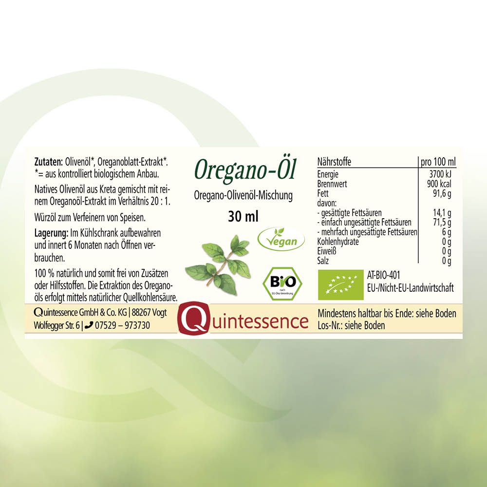 Etikett mit Produktinformationen. Oregano-Öl, 30 ml, vegan, Bio-Siegel.
