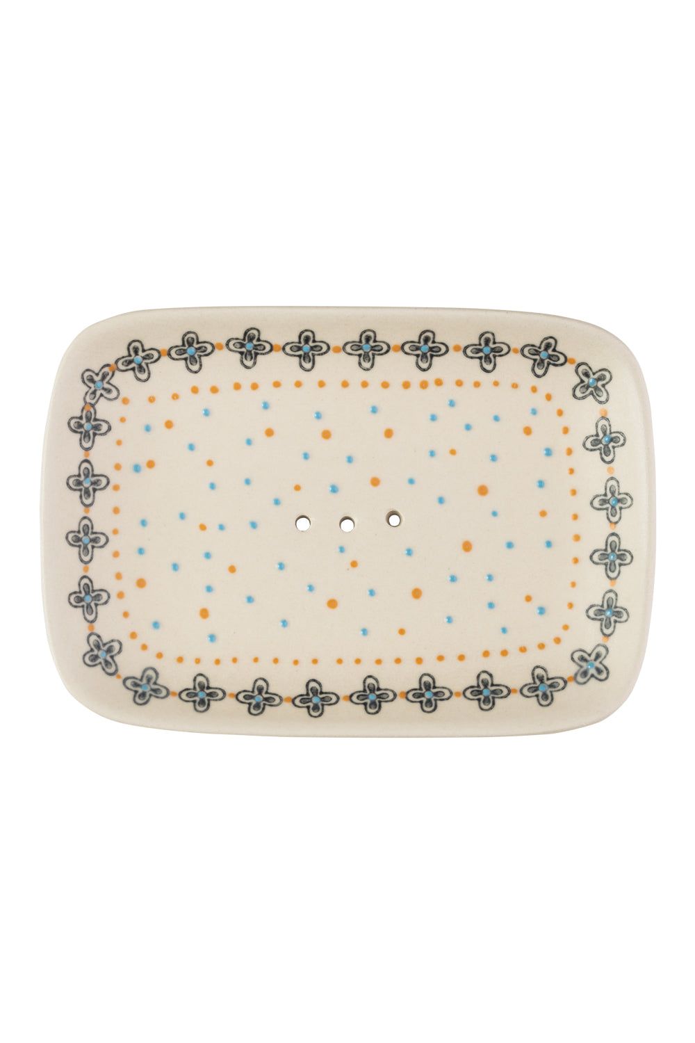 Seifenschale, rechteckig, cremefarben mit blau-orangenem Blumenmuster und Löchern. Retro-Design.
