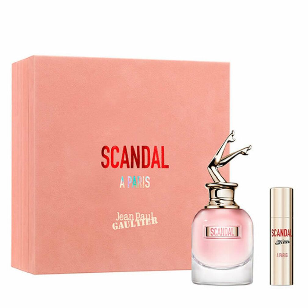 Geschenkset mit Parfümflakon, Miniatur und Box. Flakon mit goldfarbenem Deckel und Beinen. Schriftzug "SCANDAL A PARIS" und "Jean Paul Gaultier".