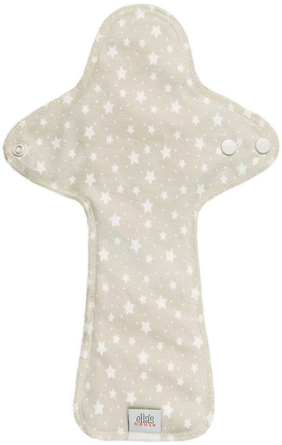 Beige Stoffbinde mit Sternenmuster und Druckknöpfen. Marke: ellas house. Maxi Slipeinlage.
