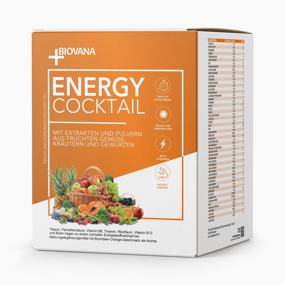 Energy Cocktail-Verpackung mit Zutatenliste und Illustration von Früchten. Enthält Informationen über Nährstoffe.