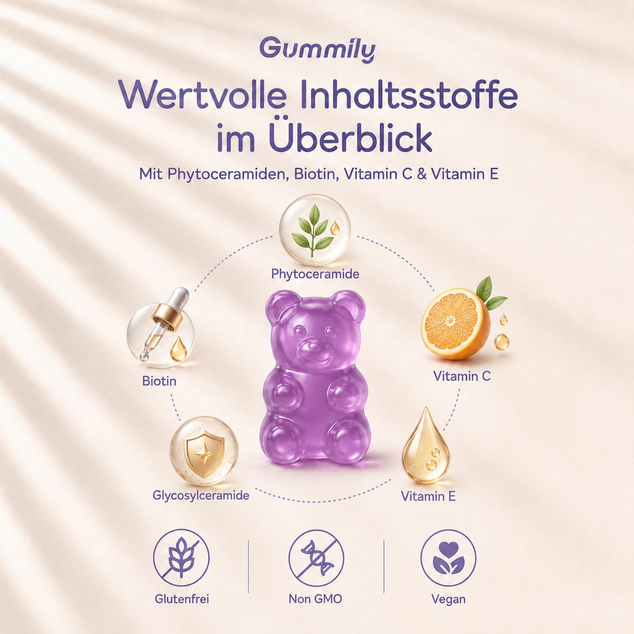 Lila Gummibärchen mit Phytoceramid, Biotin, Vitamin C & E. Glutenfrei, Non GMO, Vegan.