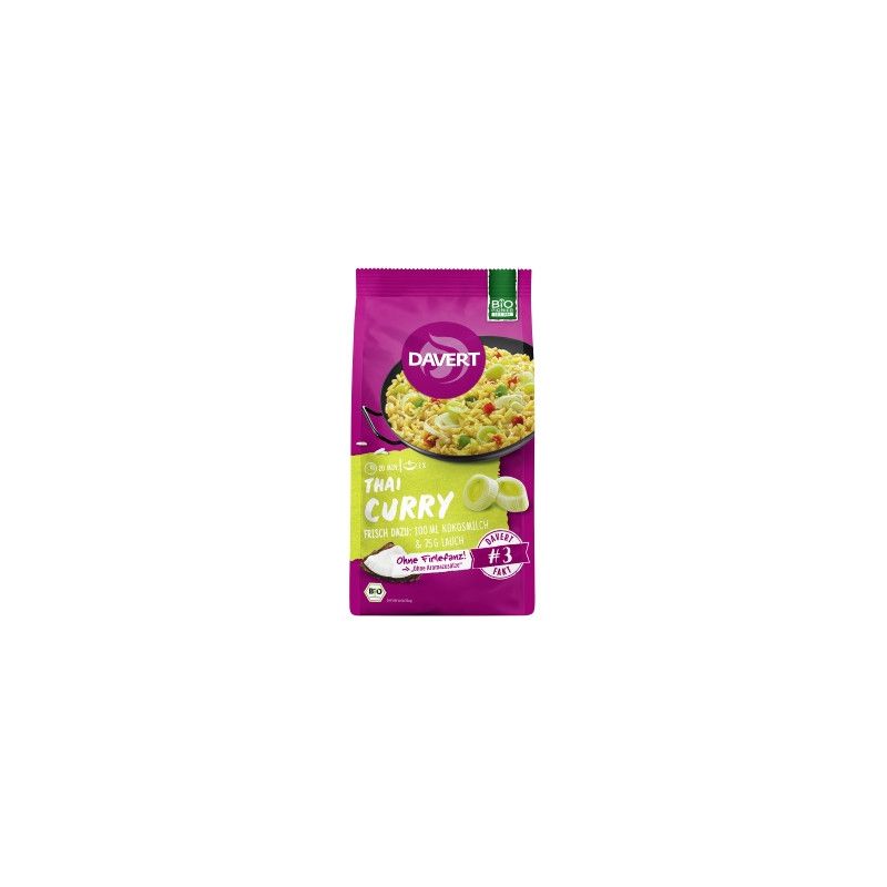 Verpackung von Davert Thai Curry. Lila Beutel mit Produktabbildung und Text. Bio-Siegel oben rechts.