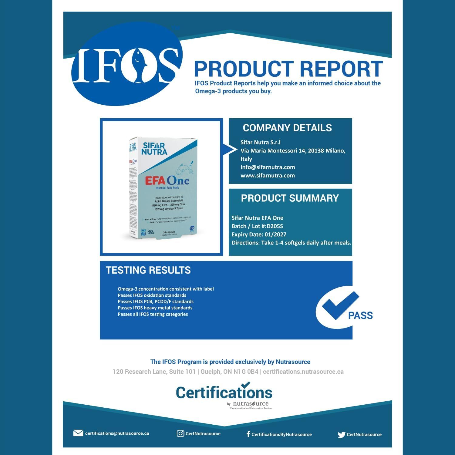 IFOS-Produktbericht. Sifar Nutra EFA One. Informationen zu Firma, Produkt, Testergebnissen und Zertifizierungen.